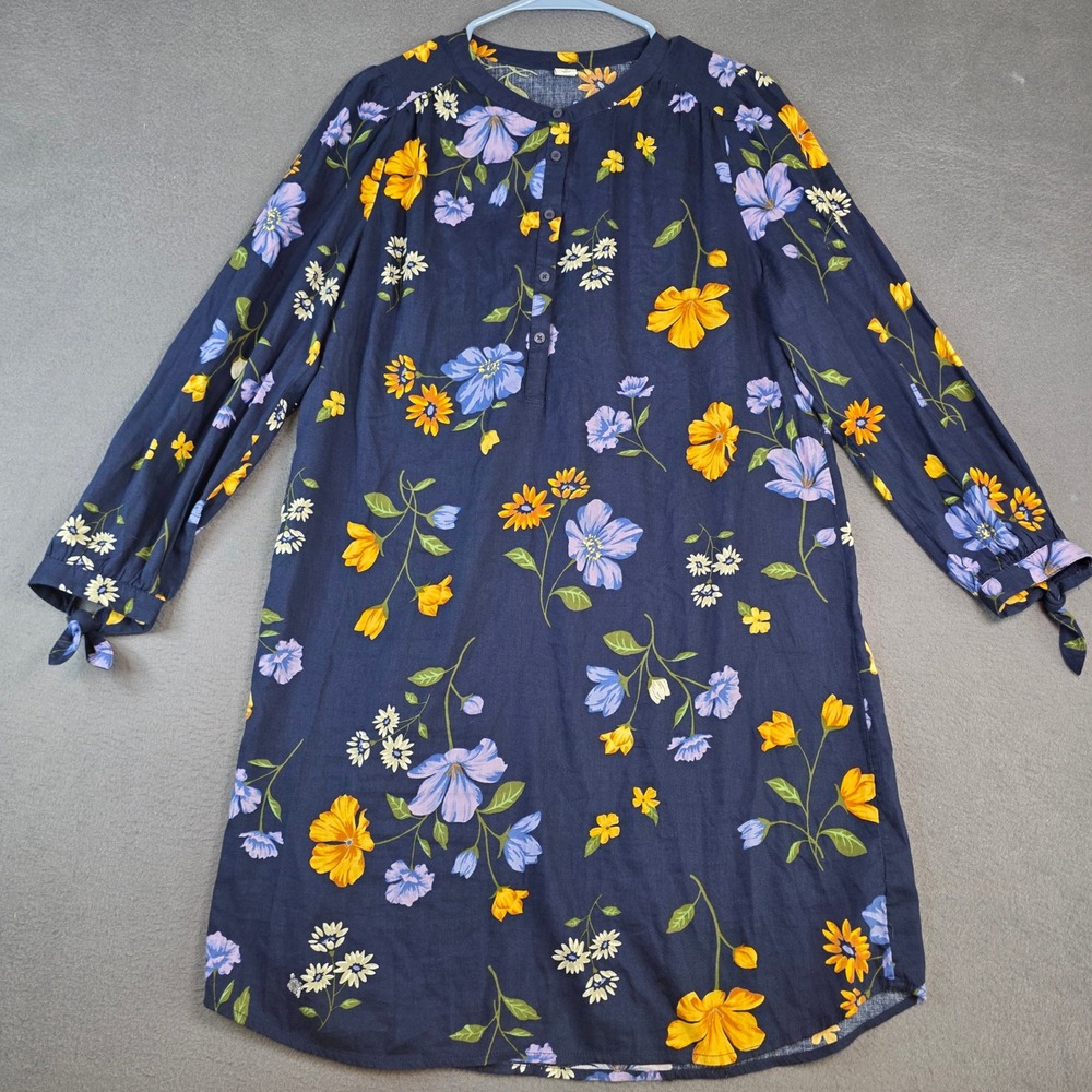 Old Navy Floral Shift Dress Womens Medium Navy Blue Long Sleeve Cotton Rayon